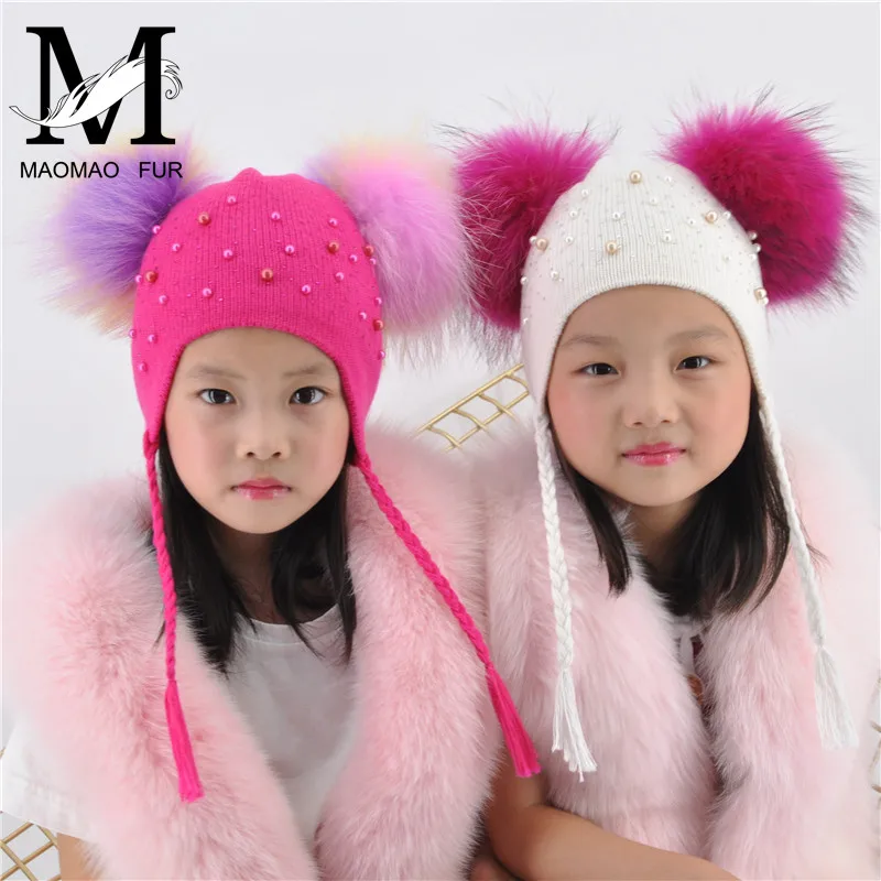 Kids Warm Winter Hats Double Real Fur Pom Pom Angora Knitted Hat For Baby Boys Girls Real Raccoon Fur Balls Beanie Cap Bonnet