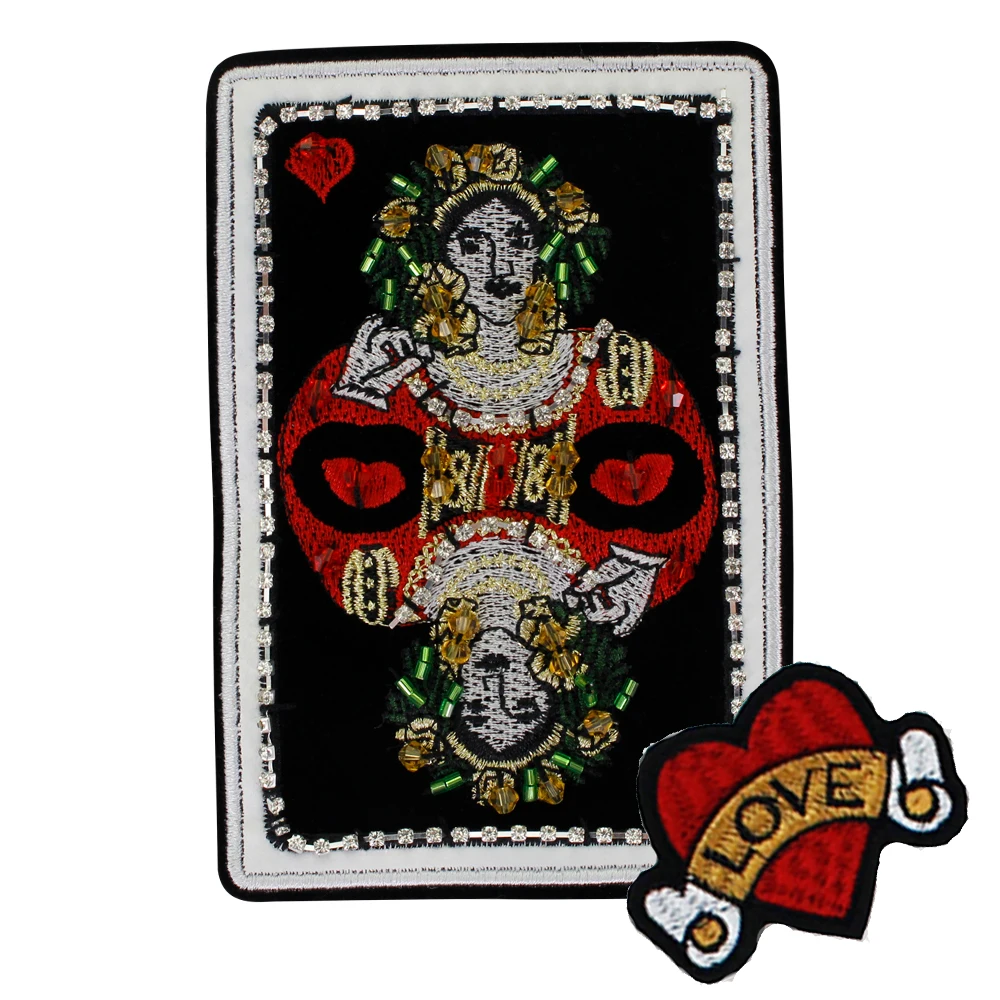 Sequin Beaded Playing Poker Cards Applique Vintage Embroidery Paillette Game Patches Clothing Crown Heart Sewing Accessories