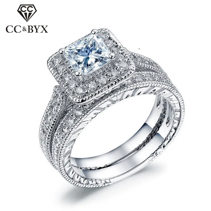 CC Couple Sets Rings For Women Bridal Wedding Cubic Zirconia Square Stone Luxury Lovers Jewelry Engagement Anillos CC1608