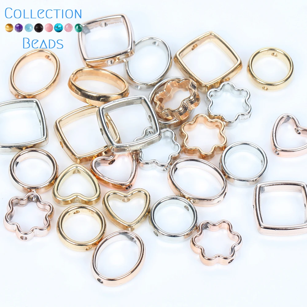 50Pcs Rose Gold Color CCB Beads Double Hole Square Heart Circle Plastic Pendant For Jewelry Making Findings DIY Charm Accessorie