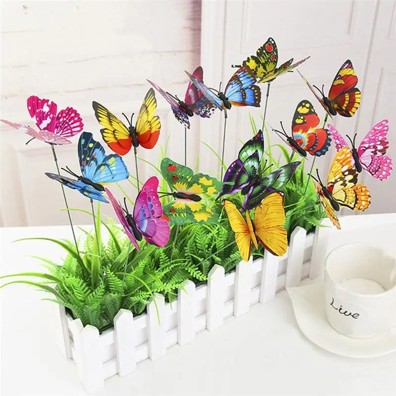 

50PCS PVC Simulation Butterfly Rods Green Plant Decoration Figurines Plastic Crafts for Flowerpot Vase Garden Bonsai 25X7cm