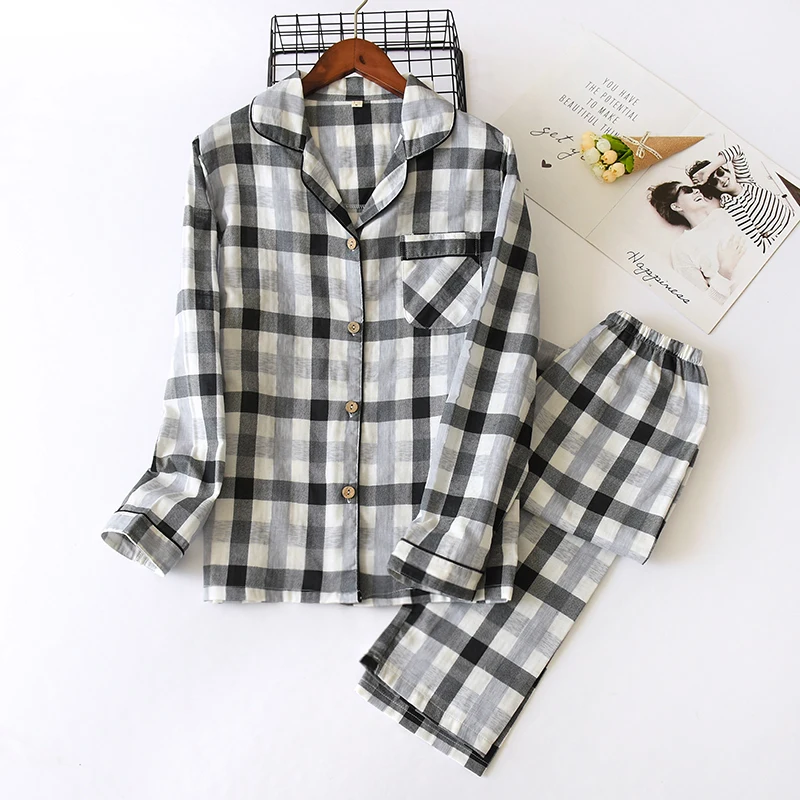 Men and Women Leisure Loose Plaid Printing Pajamas Sleepwear Comfortable Cotton Gauze Long Sleeve Pajama Home Clothes Loungewear