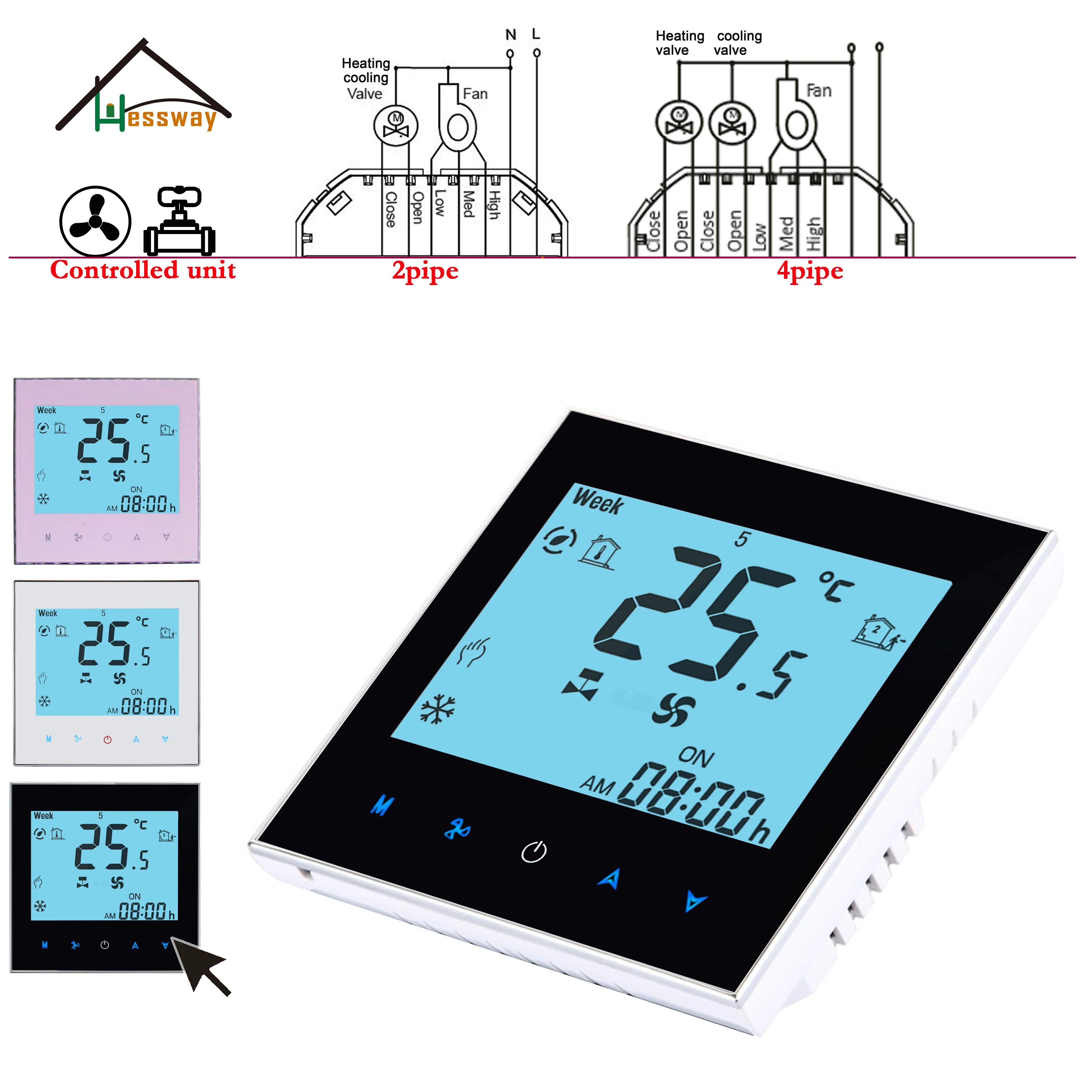 HESSWAY 2-Tube/4Pipe Fan Coil AC WIFI Thermostat for 24V/95-240V Temperature Control Regulator Works with Alexa Google Home