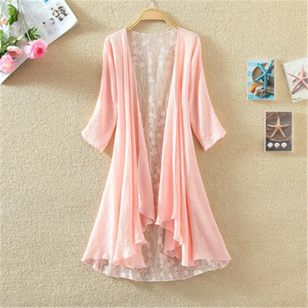 2024 Korean Fashion New Kimono Cardigan Women Lace Summer Cardigan Embroidery Blouse Long Shirt Off White Camisa Feminina Tops