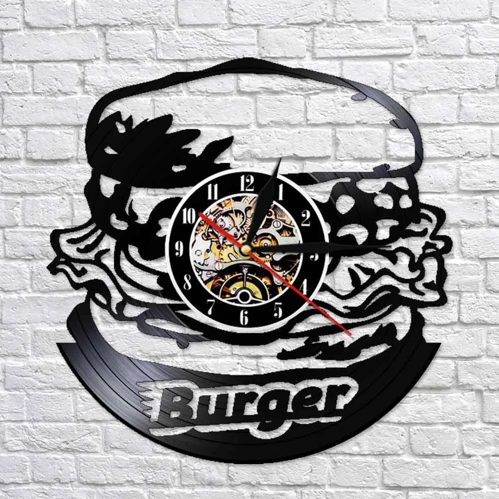 Hamburger Kitchen Vinyl LP Record Wall Clock Children Burger Morden Design Watch Fast Food Illuminated Night Light Lamp