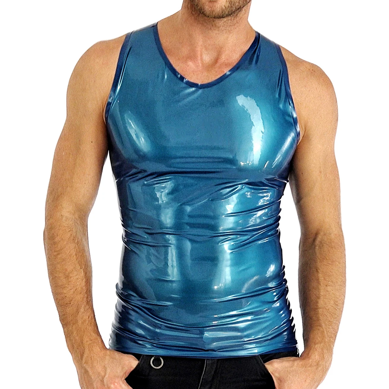 

Pearl Blue And Trims Sexy Latex Tank Pullover Rubber Tee Shirt Top Clothing YF-0233