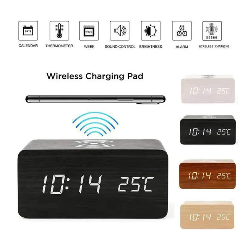 LED Electric Alarm Clock Digital Wooden Clocks with Phone Wireless Charger Snooze and Brightness Adjustable