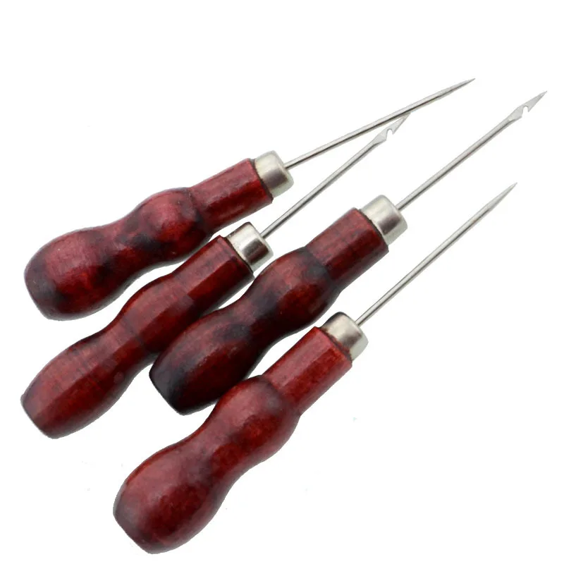 1pc Red Wooden Handle Sewing Awl Hand Stitcher Leather Craft Tip Shoe Repair Puncher Positioning Drill Sewing Needle Hook Tool G