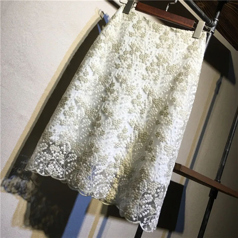 ฤดูร้อนเซ็กซี่กระโปรงเอวสูงตาข่ายลูกไม้ดอกไม้เย็บปักถักร้อยกระโปรงสาว Midi ความยาวกระโปรงสะโพกแพคเกจ Vestidos Y395