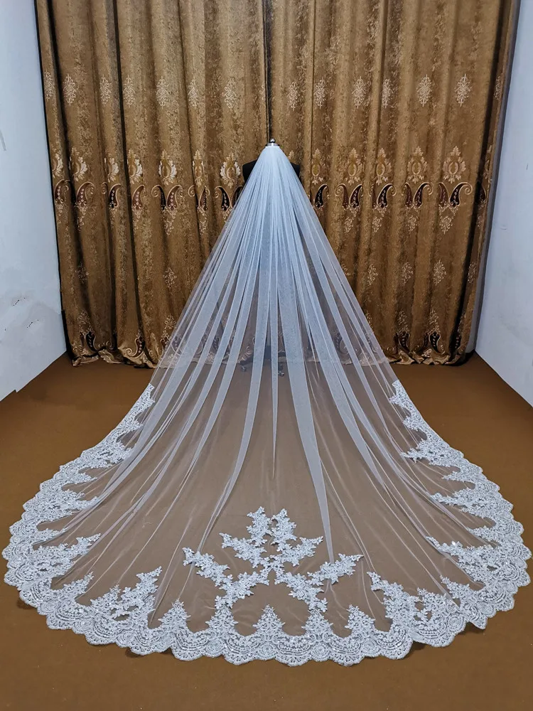 Real Photo 5M Layer Wedding Veils หวีลูกไม้ขอบเจ้าสาว Veils Ivory Cathedral ยาวงานแต่งงานอุปกรณ์เสริม Veu de Noiva