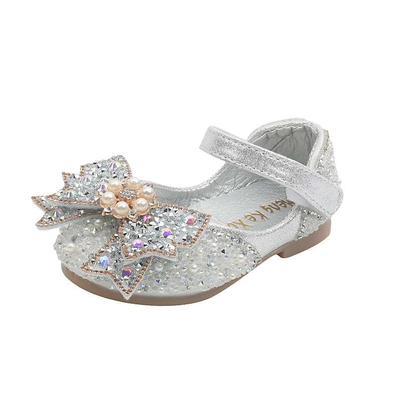 Spring Girls Princess Rhinestone Leather Shoes 2022 New Children Bow Single Shoes Baby Flats Performance Dance Shoes