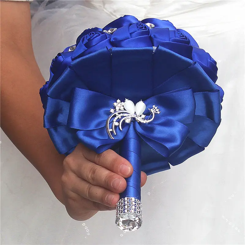 WifeLai-A Gorgeous Wedding Flowers Royal Blue Silk Ribbon Rose Bridal Bouquets Holding Flowers With Crystal buque de noiva W291