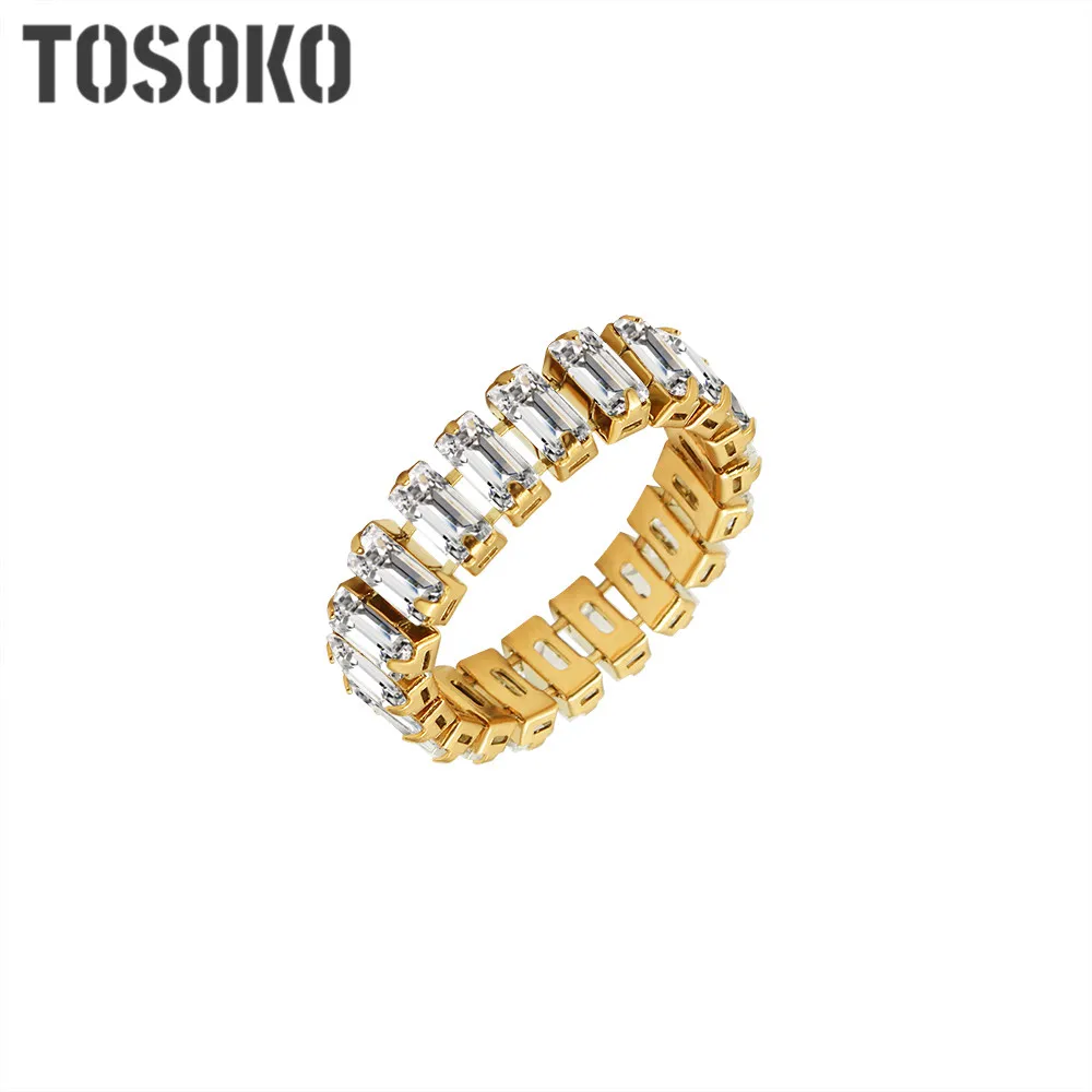 TOSOKO Stainless Steel Jewelry Two Claw Zircon Ring Women's Fashion 18 K Gold Colour Fashion Ring BSA224