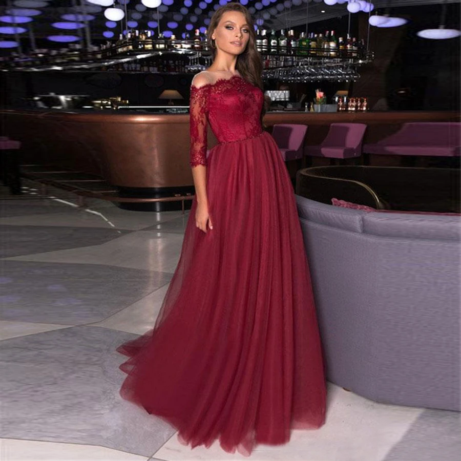 Burgundy Sheer Neck Half Sleeves Evening Dresses 2025 Lace Applique Beaded Prom Formal Gown Customized Vestidos De Fiesta