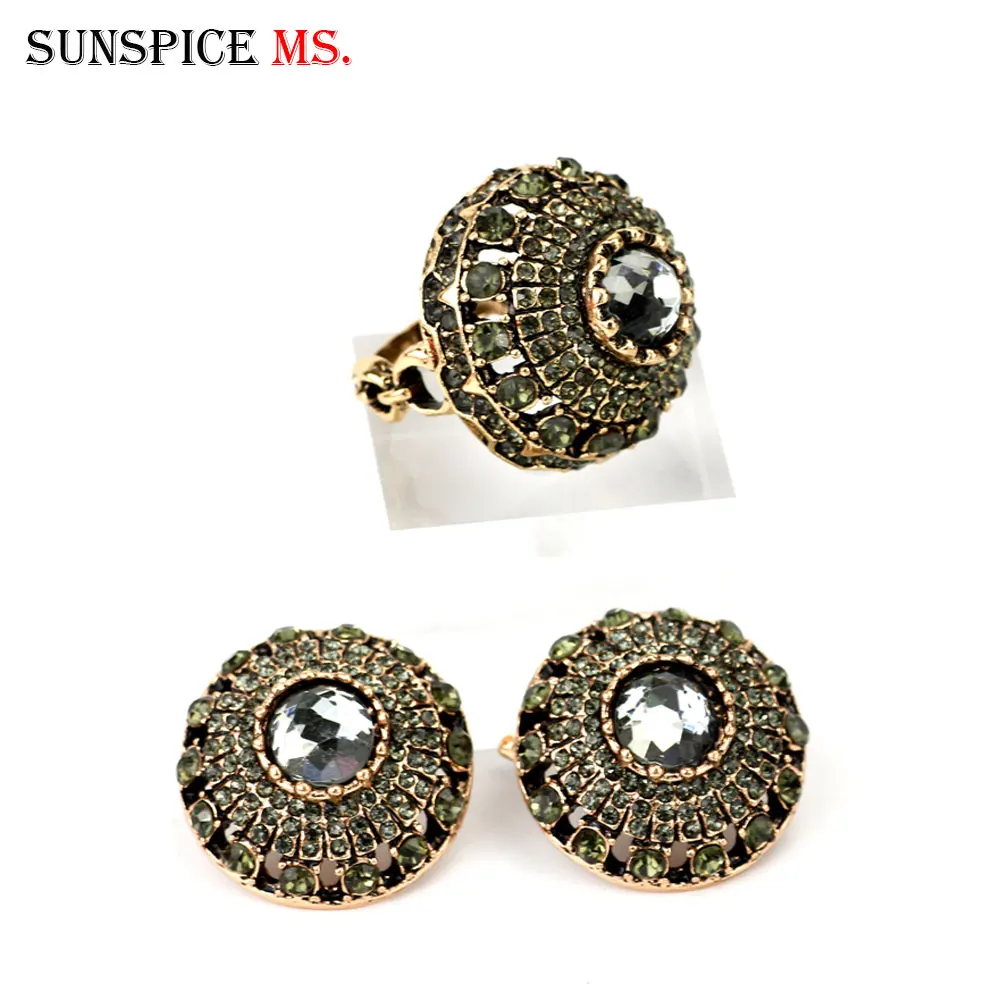 Sunspicems Gothic Gray Rhinestone Earring Ring Sets Turkish Design Antique Gold Color Ethnic Wedding Jewelry Gift Wholesale