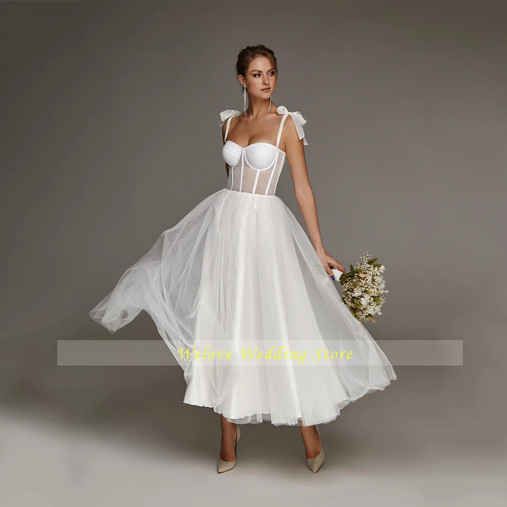 Estate 2022 abito da sposa corto bianco lunghezza tè abiti da sposa senza maniche una linea semplice personalizzato scollo A cuore cerniera posteriore