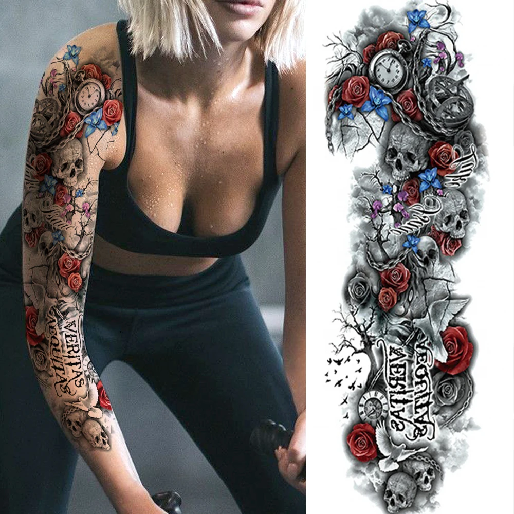Sexy Skull Temporary Sleeve Tattoos For Women Girls Body Art Tatoos Full Arm Sleeve Tattoo Temporary Fake Washable Flower Decor