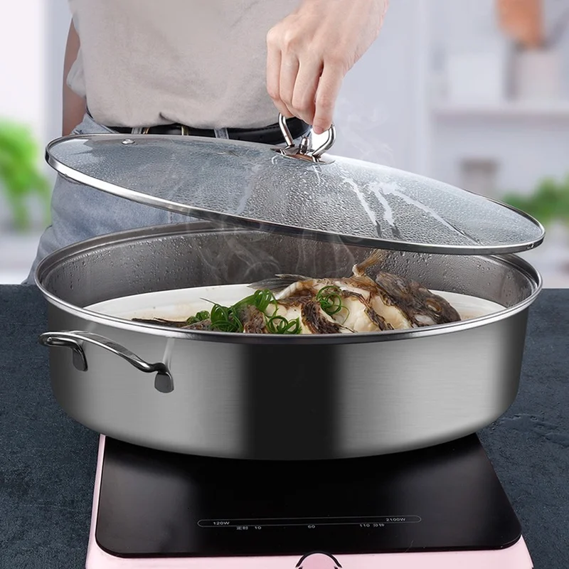 

Stainless Steel Fish Steamer - Multi-Use Oval Roasting Cookware & Hotpot with Rack, Ceramic Pan, Chuck - Pasta Pot/Stockpot