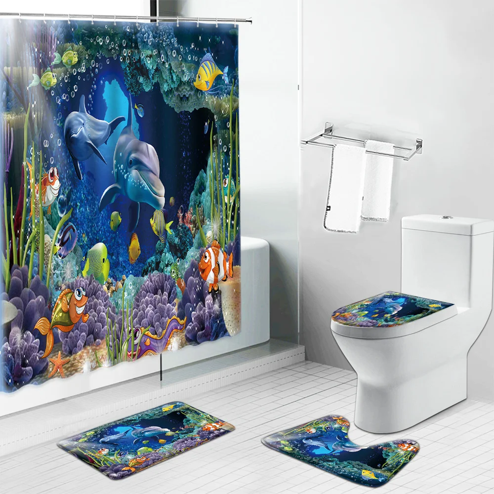 Dolphin Sea Turtle Print Shower Curtain Ocean Animal Tropical Fish Bathroom Set Non Slip Bath Mat Toilet Cover Pedestal Rug Lid