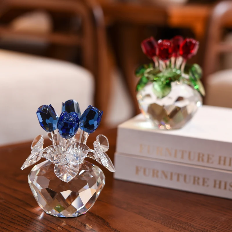 Valentine\'Gift For Her,Crystal Rose Flower Figurines Dreams Ornament Glass Paperweight Lucky Unfading Bouquet Sculpture Home Dec