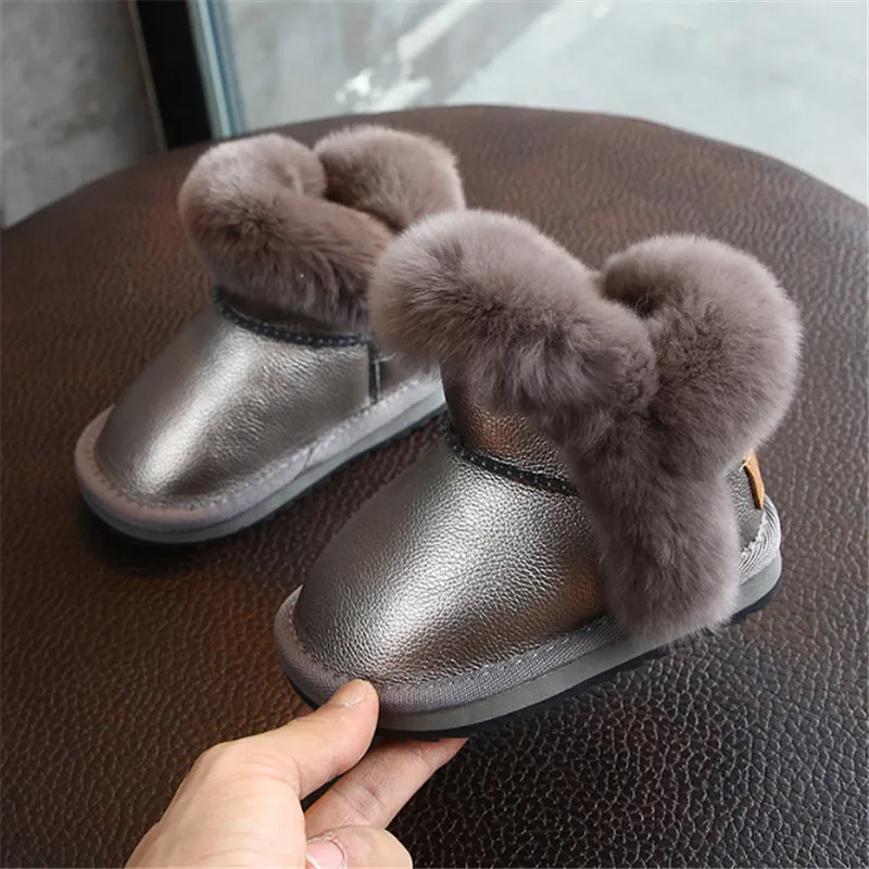 2021 New Winter Girls Boots Leather Princess Warm Plush Cotton Kids Shoes Non-slip Fashion Toddler Baby Shoes 15-25