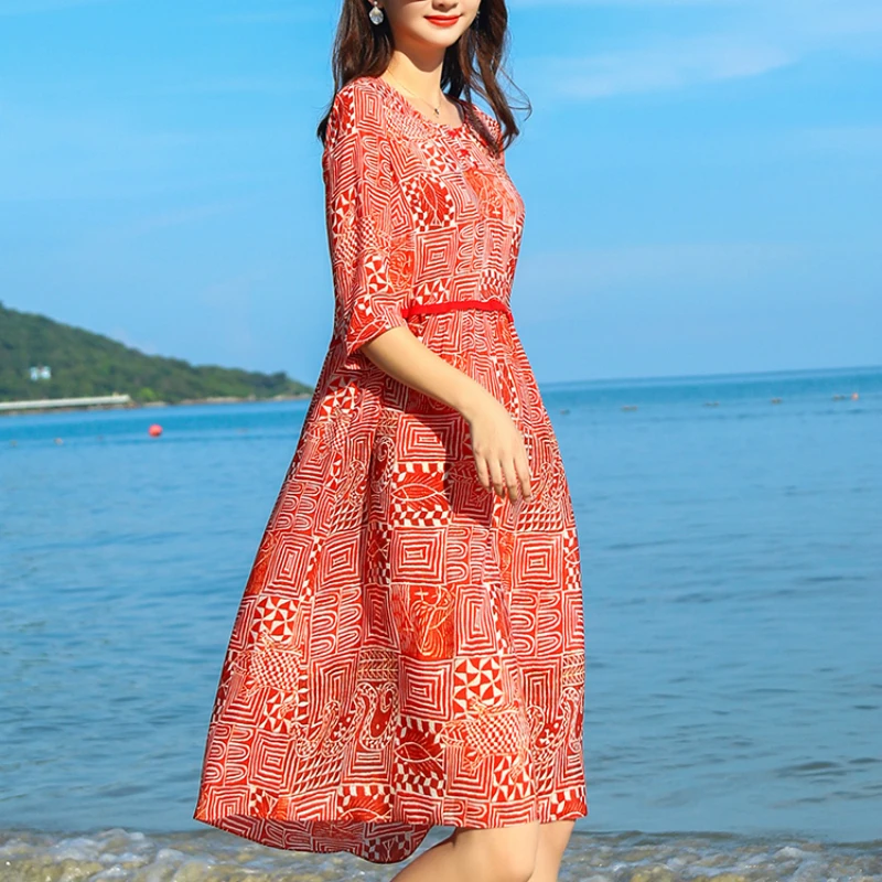 Real Silk Women Long Summer Dress Print Midi Dress Beach Maxi Party Dresses Elegant Red Vestidos Clothes 2020 LWL1543