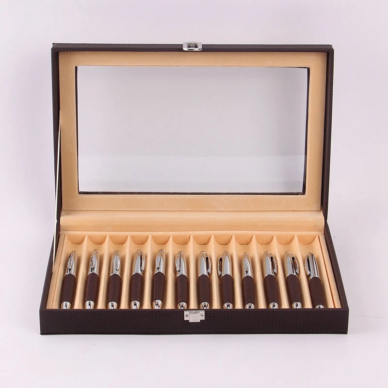 PU Leather Display Pen Storage Box, Caixa de 12 canetas, Lápis