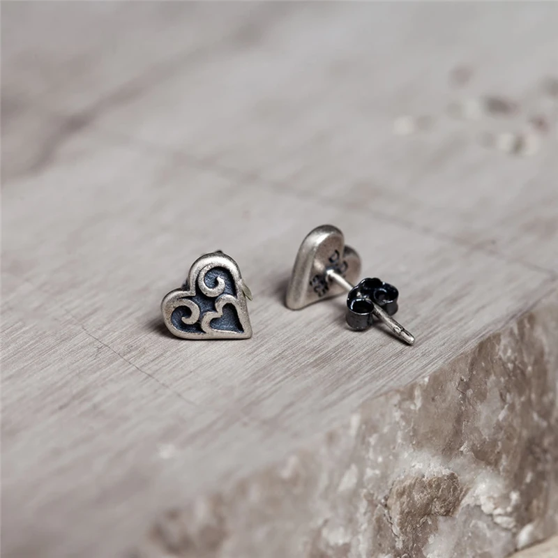 MKENDN 925 Sterling Silver Heart of the Tribe Stud Earrings Personality Minimalist Heart Ear Jewelry Accessories Gothic Style