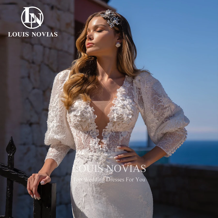 LOUIS NOVIAS 2 In 1 abito da sposa a sirena 2022 Appliques Sexy abito da sposa lucido senza schienale In Tulle con scollo a v e maniche a sbuffo con perline di fiori