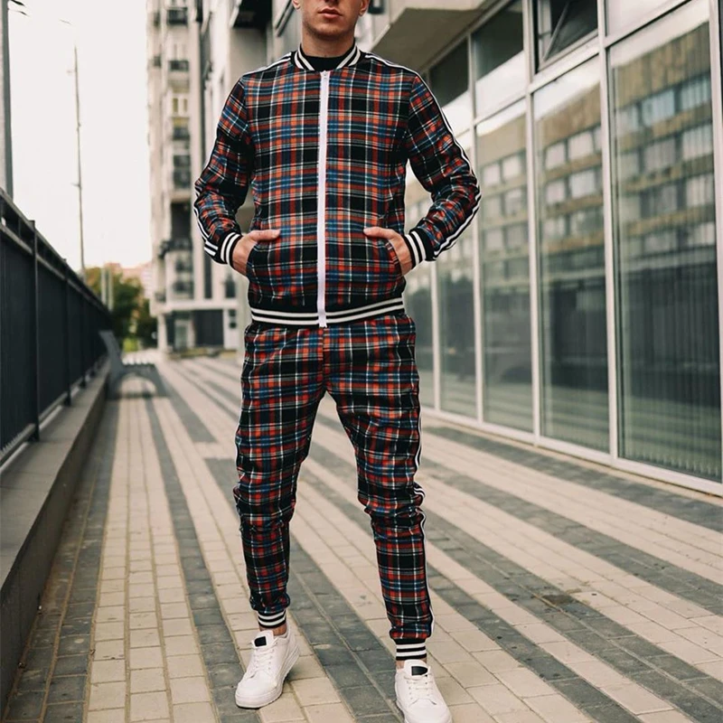 Men Spring And Autumn Large Casual Fashion Joker Checkered Sports Suit Stand Collar Zipper Cardigan Jacket Trousers Two Sets