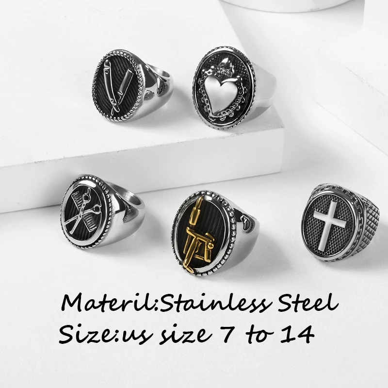 Vintage Heart&Cut & Cross Symbols Stainless Steel Mens Women Rings Simple for Boyfriend Jewelry Creativity Party Couple Gift