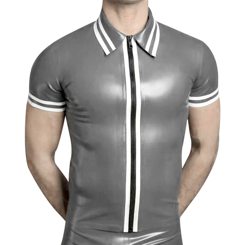 Silver And White Trims Sexy Latex Shirts Zipper At Front Stripes Around Collar Sleeves Rubber Top YF-0262