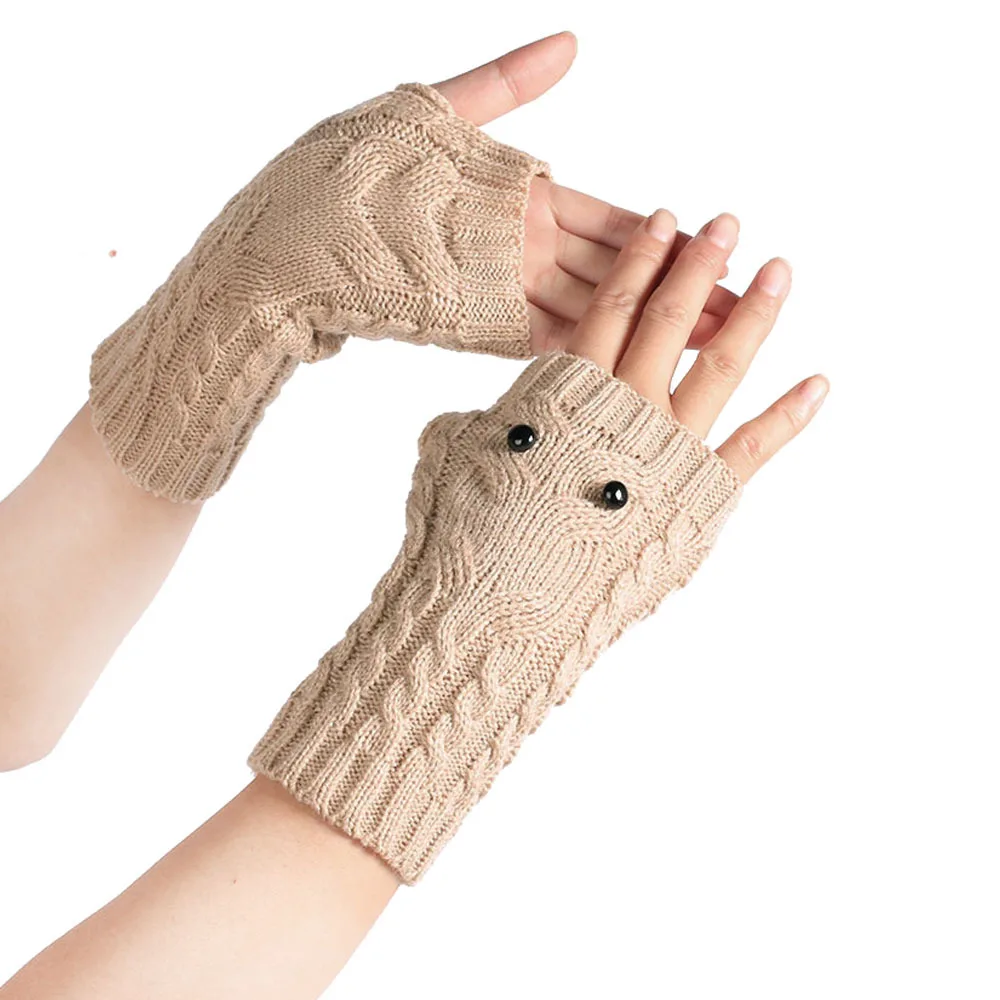 Autumn Winter Warm Owl Gloves Knitted Black Eyes Fingers Personality Women Glove