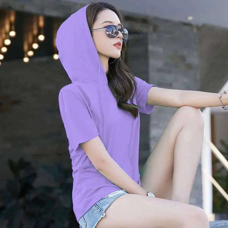 Hooded T-shirts Women 2021 Summer Solid Basic Short Sleeve Cotton Tshirt Famale Tee Top Ladies T Shirt Sexy Trending Shirts Girl