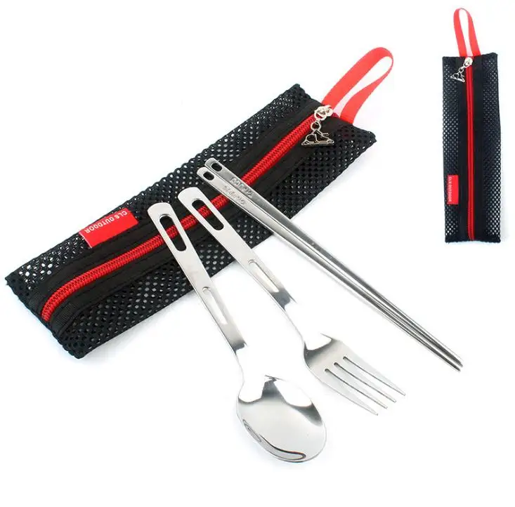 Stainless Steel Flatware Sets Forks Spoons And Chopstick Child Cutlery Suits Outdoors Camp Kitchen Tableware Kits With Black Mes