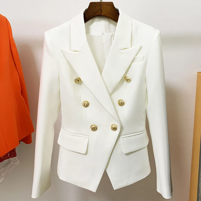 HIGH STREET White Blazer Women 2021 Slim Blazer Jacket Women's Fitting Metal Lion Buttons Double Breasted Blazer Female Pink 4XL