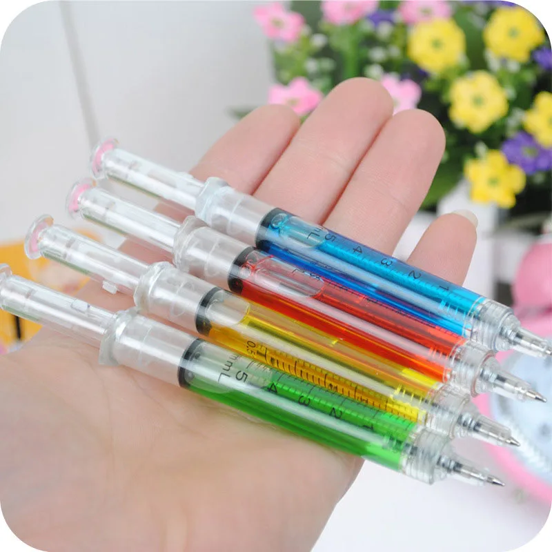 4 Pcs Ballpoint Pen with Liquid Syringe Injector Shape Office Stationery School Accessories Press Pen Students Writing Tools