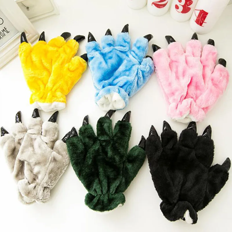 Winter Cute Animal Kid Cartoon Dinosaur Tiger Stitch Pajamas Claw Warm Colorful Gloves Adult Children Funny Plush For Boy Girl