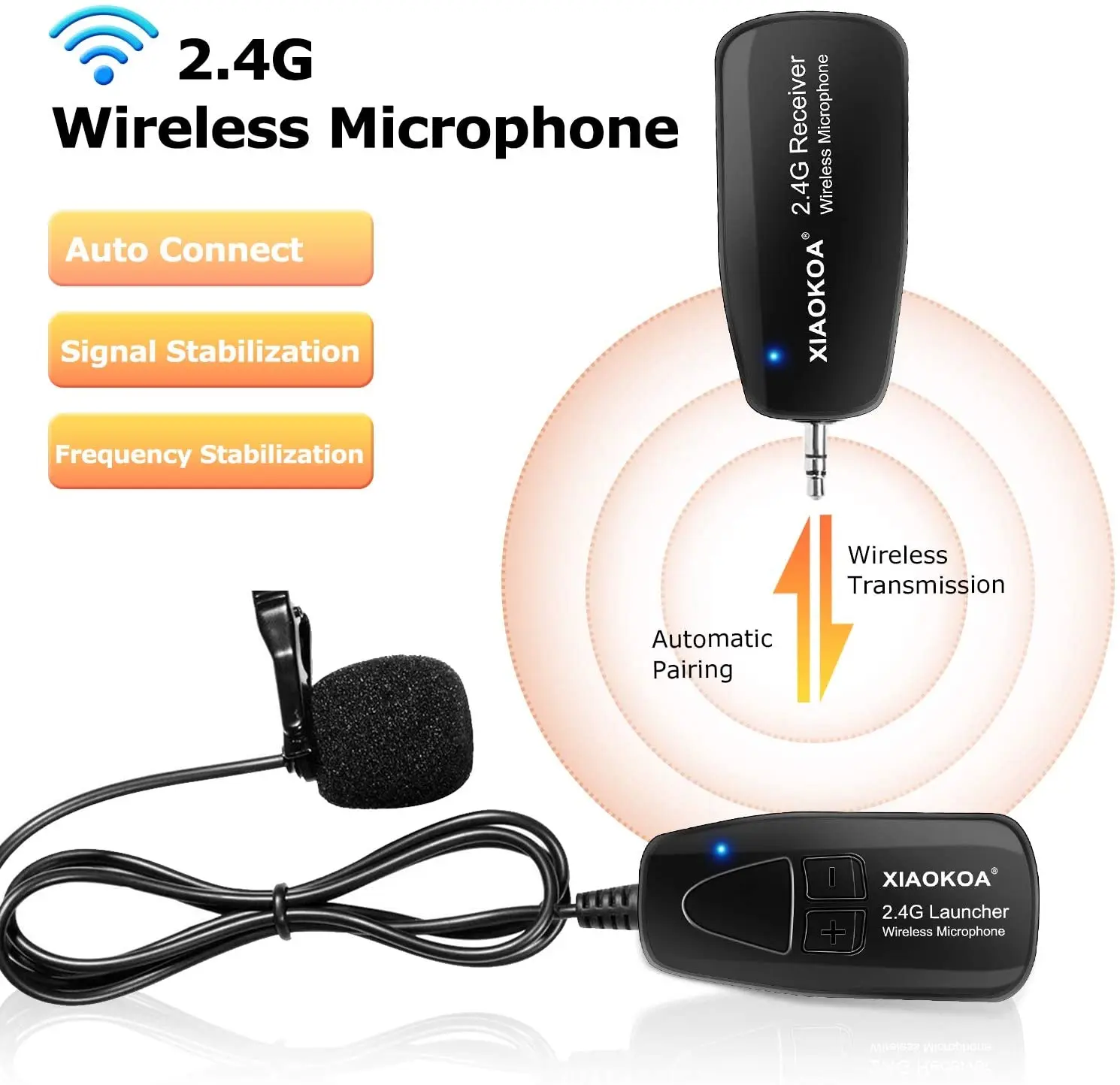 XIAOKOA 2.4G Wireless Lavalier Microphone Recording Lapel Mic with 50m Stable Wireless Transmission for Voice Amplifier Speaker