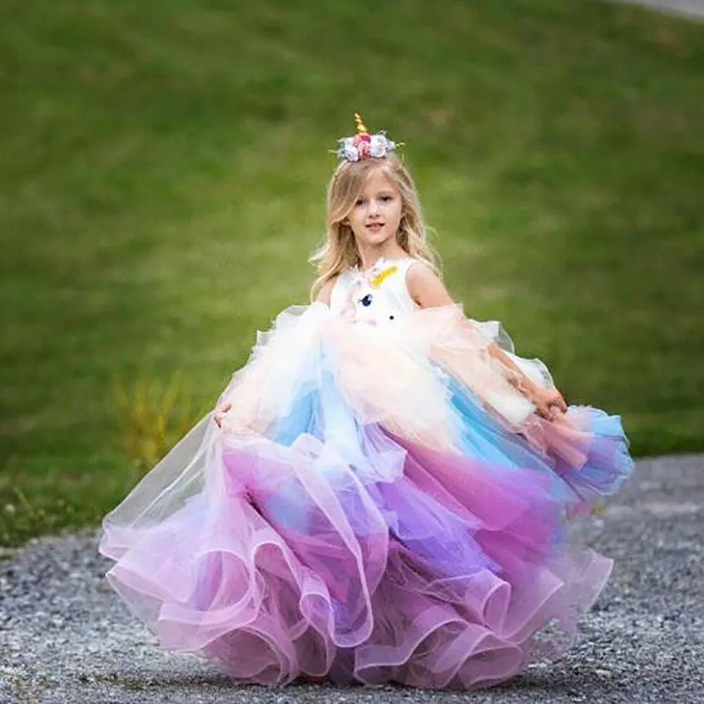 ดอกไม้สาวชุดลูกไม้ Appliques วันเกิดสวมใส่ฉัตรกระโปรง First Communion ชุด Tulle หรูหราประกวด Gowns