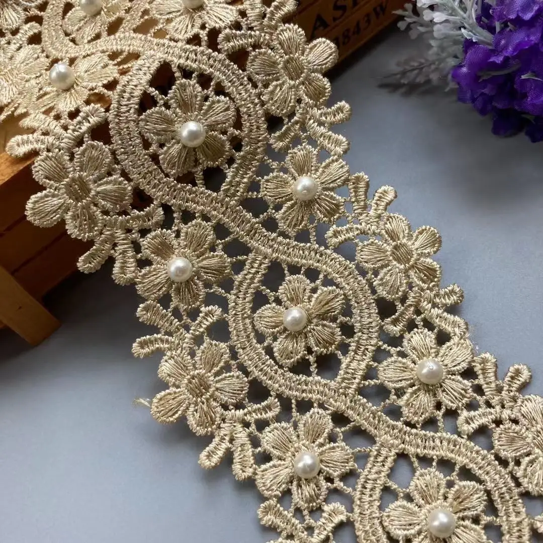 1 Yard Gold Lace Trim Ribbon Polyester Pearl Flower Embroidered Fabric Handmade DIY Wedding Sewing Supplies Craft Decoration