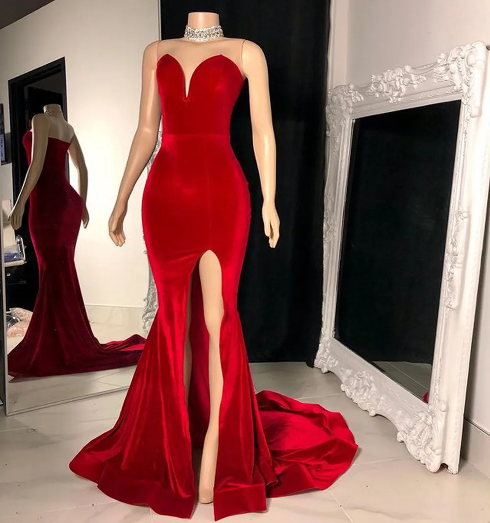 

Long Simple Prom Dresses 2024 Elegant High Slit Sweetheart African Black Girls Custom Made Red Velvet Birthday Evening Gowns