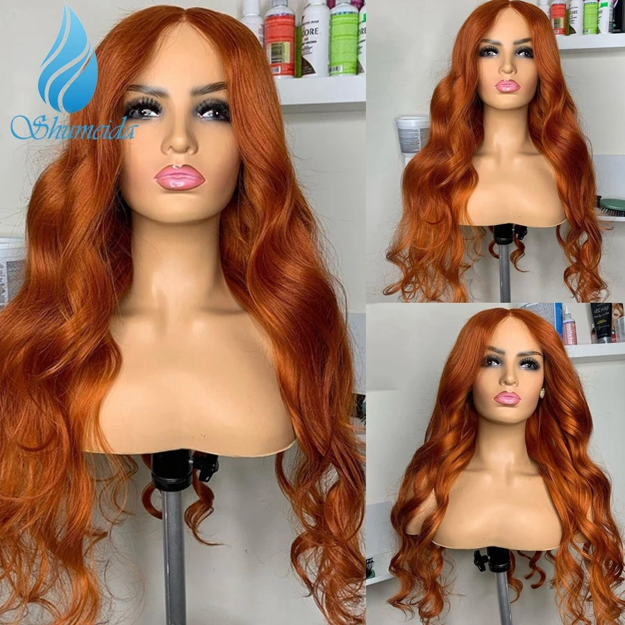 Shumeida Jahe Warna Oranye 13*4 Wig Renda Depan untuk Wanita Wig Rambut Manusia Remy Brasil dengan Rambut Bayi 4*4 Wig Penutupan Renda