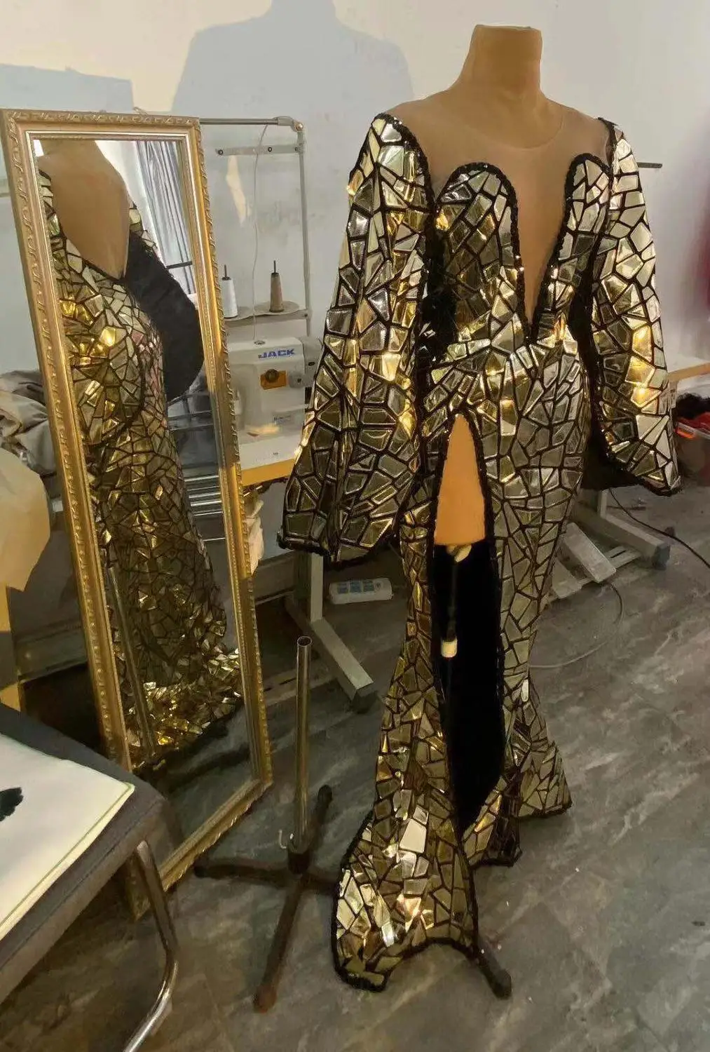 Flashing Gold Sequin High Split Long Dresses for Women Birthday Celebrate Outfit Singer Show Evening Stage Wear Prom Party Dress