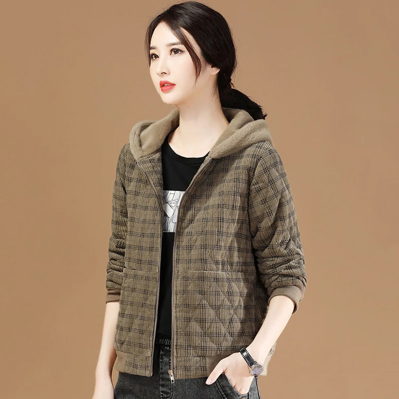 Casual Thin Women\'s Cotton Coat Corduroy Short Jacket 2024 New Autumn Winter Korean Add Thick  Lamb Wool Plaid Coat Female Tops