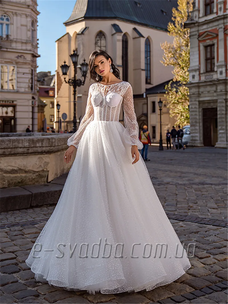 Sexy Transparent Langarm EINE Linie Hochzeit Kleid 2020 Romantische Riemen Hals Chiffon Pailletten Hochzeit Brautkleider Robe De Mariee