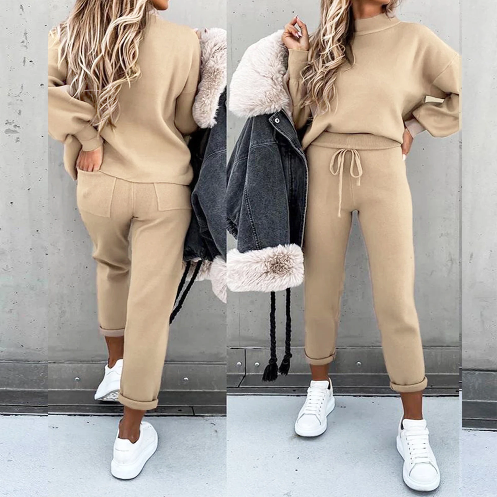 Women\'s Fleece Tracksuit Hooded Sweatshirt Autumn Solid Blouse Pants 2Pieces Set Long Sleeve Pullover Drawstring Pant Sportswear