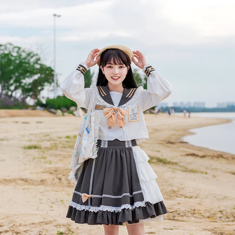 

Japanese lolita dress navy collar high waist suit skirt + shirt college style jk uniform victorian kawaii girl lolita cos