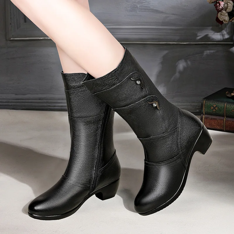 Fashion Leather Zipper women boots Fashion New Mid calf boot for female Rubber boots women shoes Non slip Wear resistant