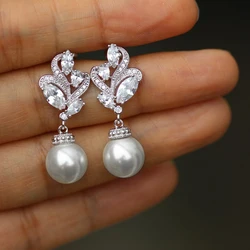 Huitan Elegant Imitation Pearl Dangle Earrings Elegant Women Party Accessories High-quality Silver Color Fresh Statement Jewelry